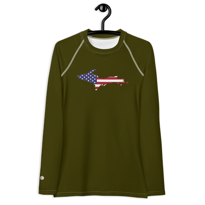 Michigan Upper Peninsula Rash Guard (w/ UP USA Flag) | Women's - Military Green