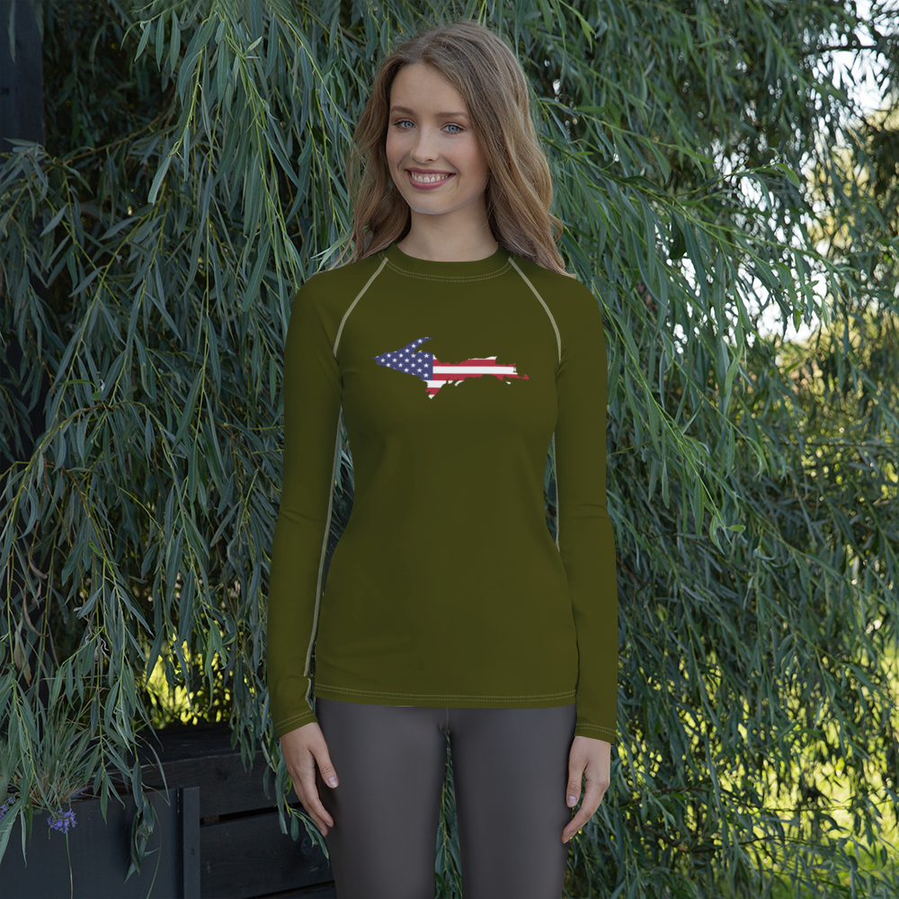 Michigan Upper Peninsula Rash Guard (w/ UP USA Flag) | Women's - Military Green