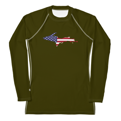 Michigan Upper Peninsula Rash Guard (w/ UP USA Flag) | Women's - Military Green