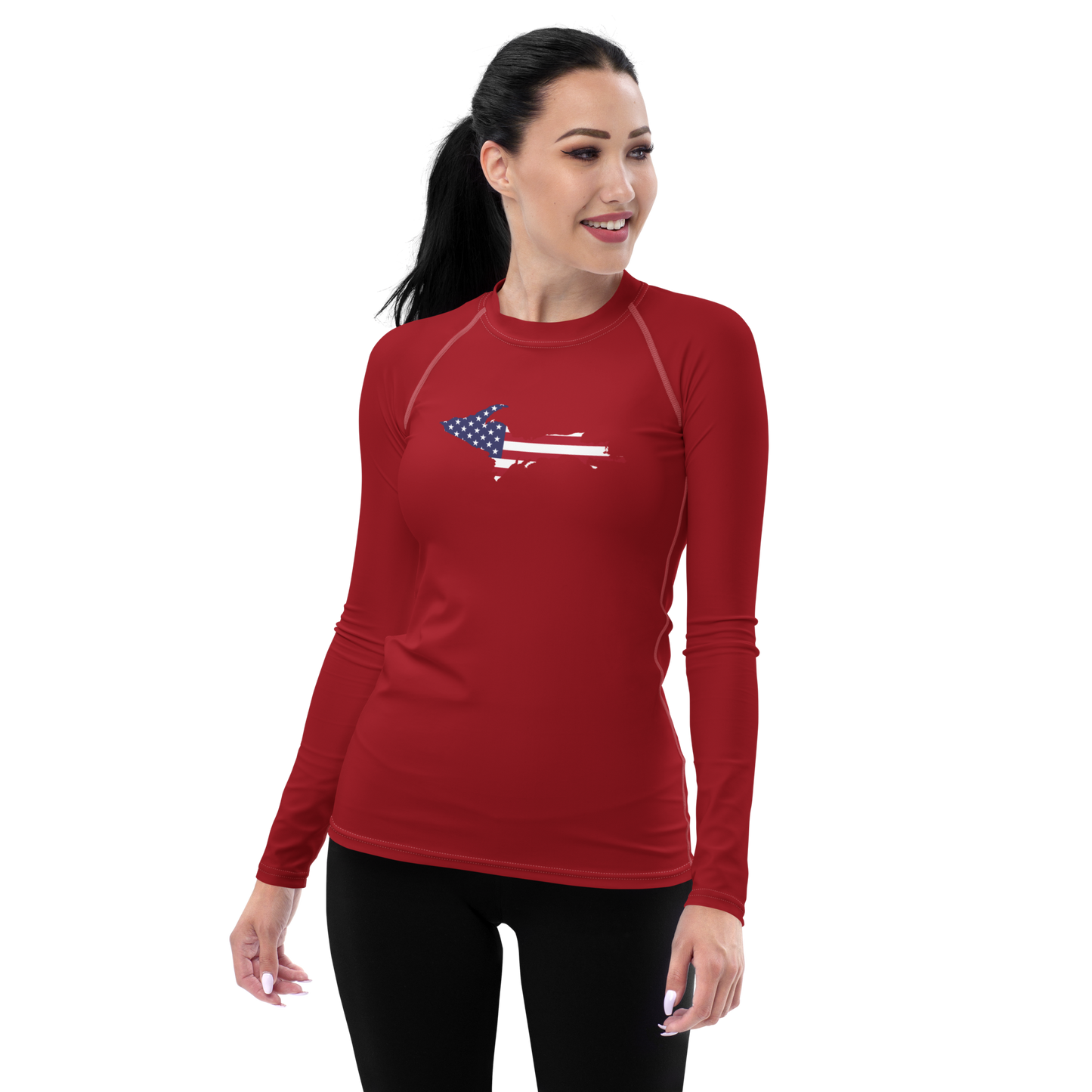 Michigan Upper Peninsula Rash Guard (w/ UP USA Flag) | Women's - Thimbleberry Red