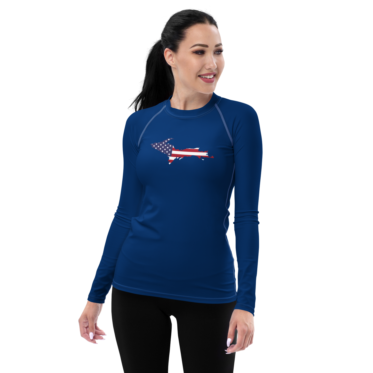 Michigan Upper Peninsula Rash Guard (w/ UP USA Flag) | Women's - Dearborn Blue