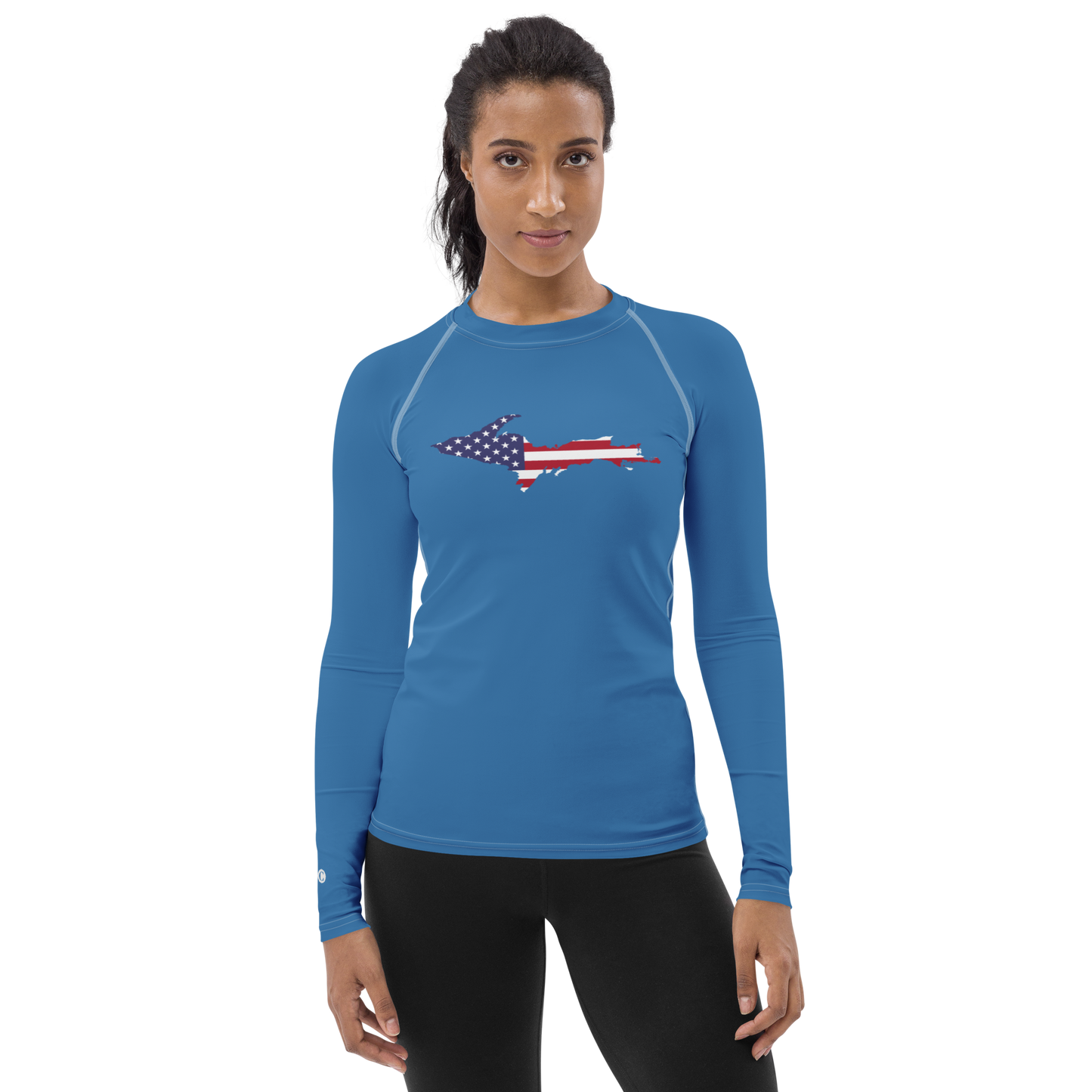 Michigan Upper Peninsula Rash Guard (w/ UP USA Flag) | Women's - Lake Superior Blue