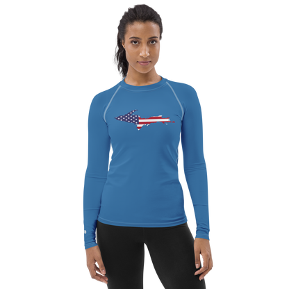 Michigan Upper Peninsula Rash Guard (w/ UP USA Flag) | Women's - Lake Superior Blue