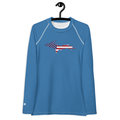 Michigan Upper Peninsula Rash Guard (w/ UP USA Flag) | Women's - Lake Superior Blue