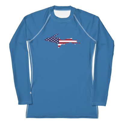 Michigan Upper Peninsula Rash Guard (w/ UP USA Flag) | Women's - Lake Superior Blue