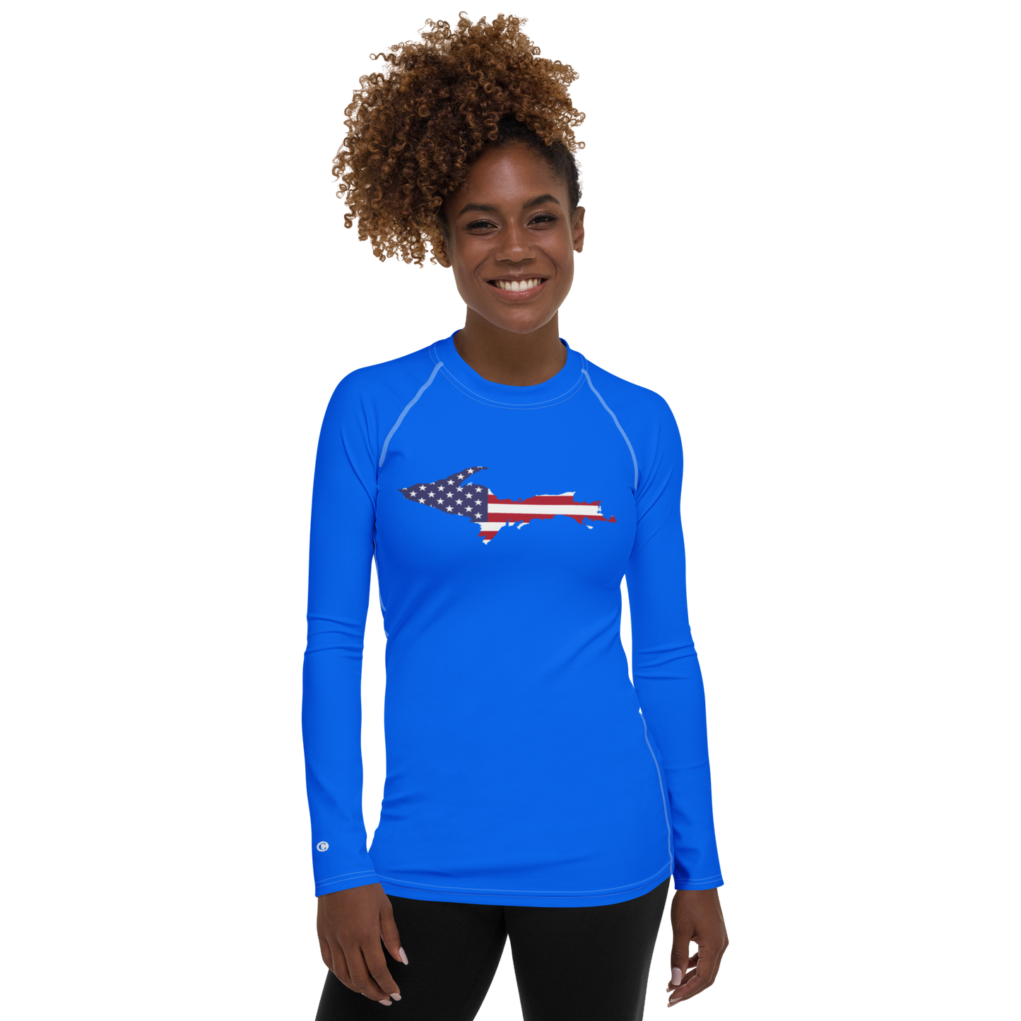 Michigan Upper Peninsula Rash Guard (w/ UP USA Flag) | Women's - Motor Town Blue