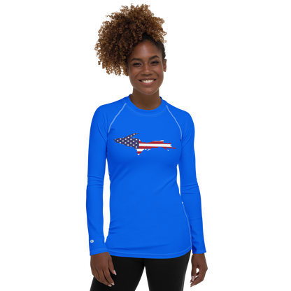 Michigan Upper Peninsula Rash Guard (w/ UP USA Flag) | Women's - Motor Town Blue