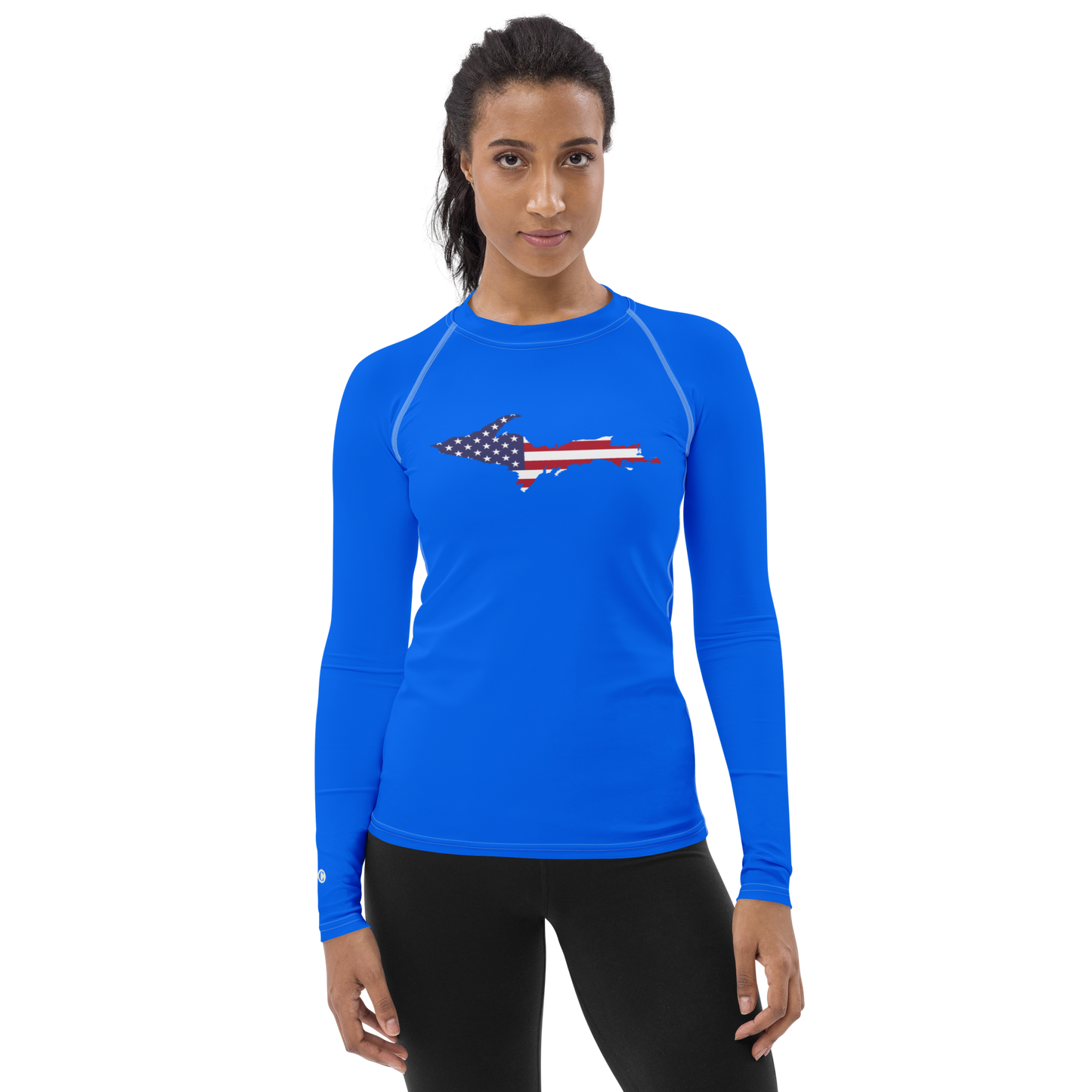 Michigan Upper Peninsula Rash Guard (w/ UP USA Flag) | Women's - Motor Town Blue