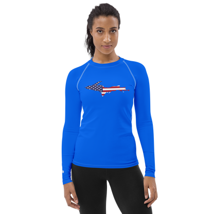 Michigan Upper Peninsula Rash Guard (w/ UP USA Flag) | Women's - Motor Town Blue