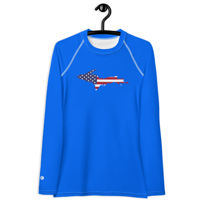 Michigan Upper Peninsula Rash Guard (w/ UP USA Flag) | Women's - Motor Town Blue