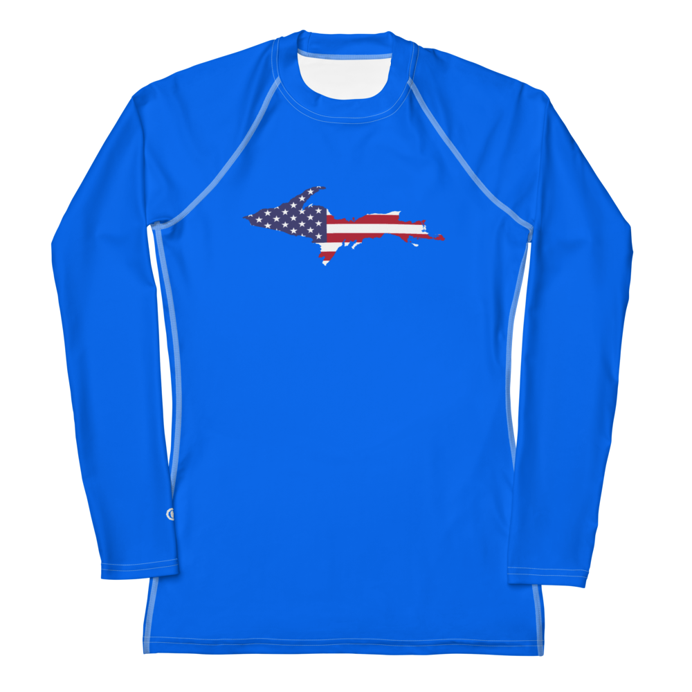 Michigan Upper Peninsula Rash Guard (w/ UP USA Flag) | Women's - Motor Town Blue