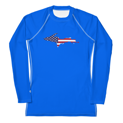 Michigan Upper Peninsula Rash Guard (w/ UP USA Flag) | Women's - Motor Town Blue