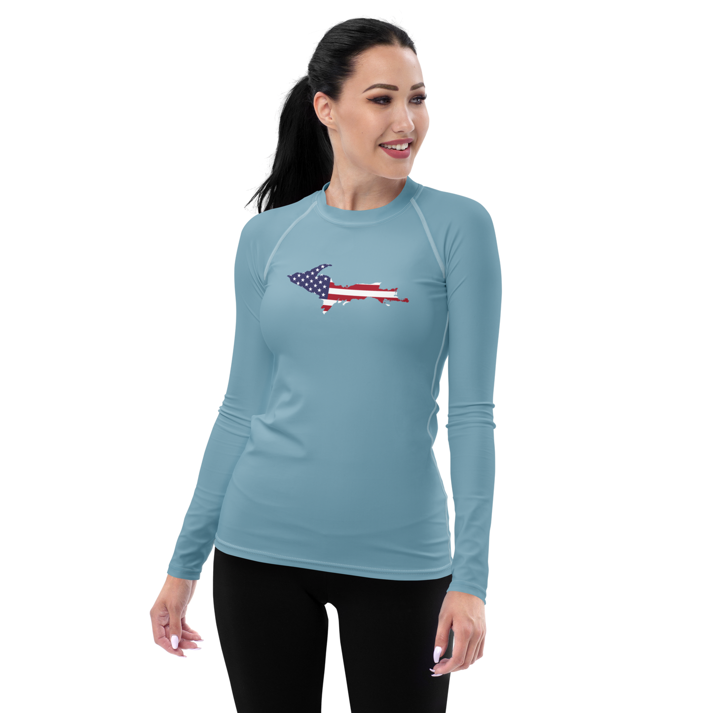 Michigan Upper Peninsula Rash Guard (w/ UP USA Flag) | Women's - Opal Blue