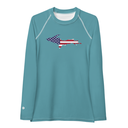 Michigan Upper Peninsula Rash Guard (w/ UP USA Flag) | Women's - Lake Huron Blue