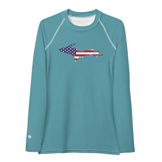 Michigan Upper Peninsula Rash Guard (w/ UP USA Flag) | Women's - Lake Huron Blue