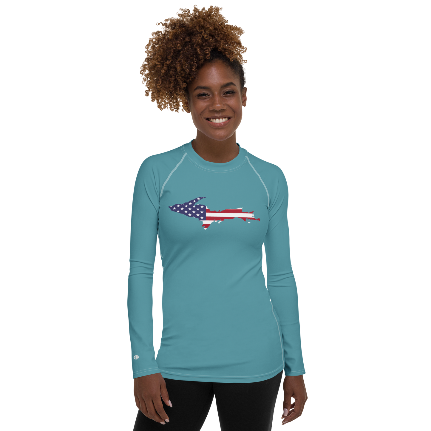 Michigan Upper Peninsula Rash Guard (w/ UP USA Flag) | Women's - Lake Huron Blue