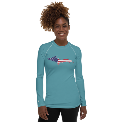 Michigan Upper Peninsula Rash Guard (w/ UP USA Flag) | Women's - Lake Huron Blue