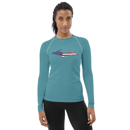 Michigan Upper Peninsula Rash Guard (w/ UP USA Flag) | Women's - Lake Huron Blue