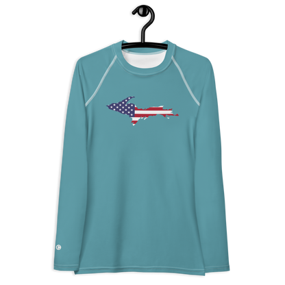 Michigan Upper Peninsula Rash Guard (w/ UP USA Flag) | Women's - Lake Huron Blue