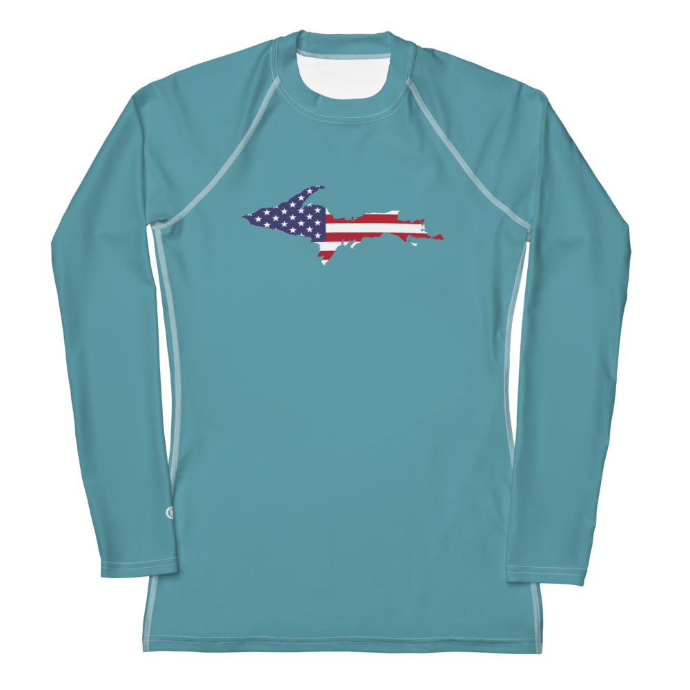 Michigan Upper Peninsula Rash Guard (w/ UP USA Flag) | Women's - Lake Huron Blue