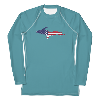 Michigan Upper Peninsula Rash Guard (w/ UP USA Flag) | Women's - Lake Huron Blue