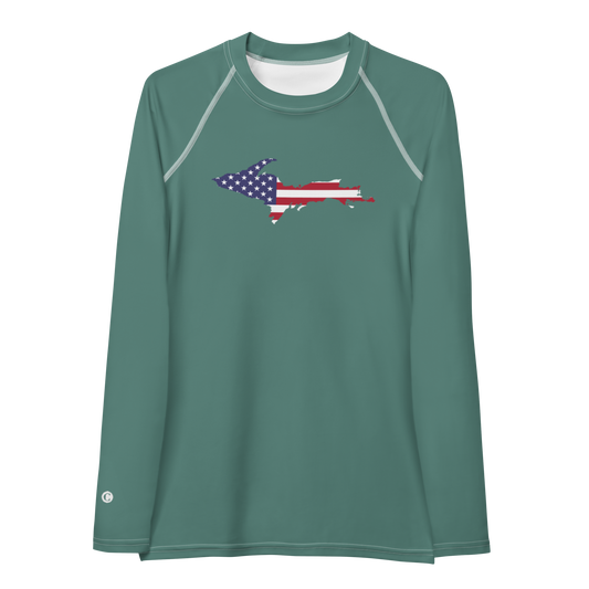 Michigan Upper Peninsula Rash Guard (w/ UP USA Flag) | Women's - Copper Green