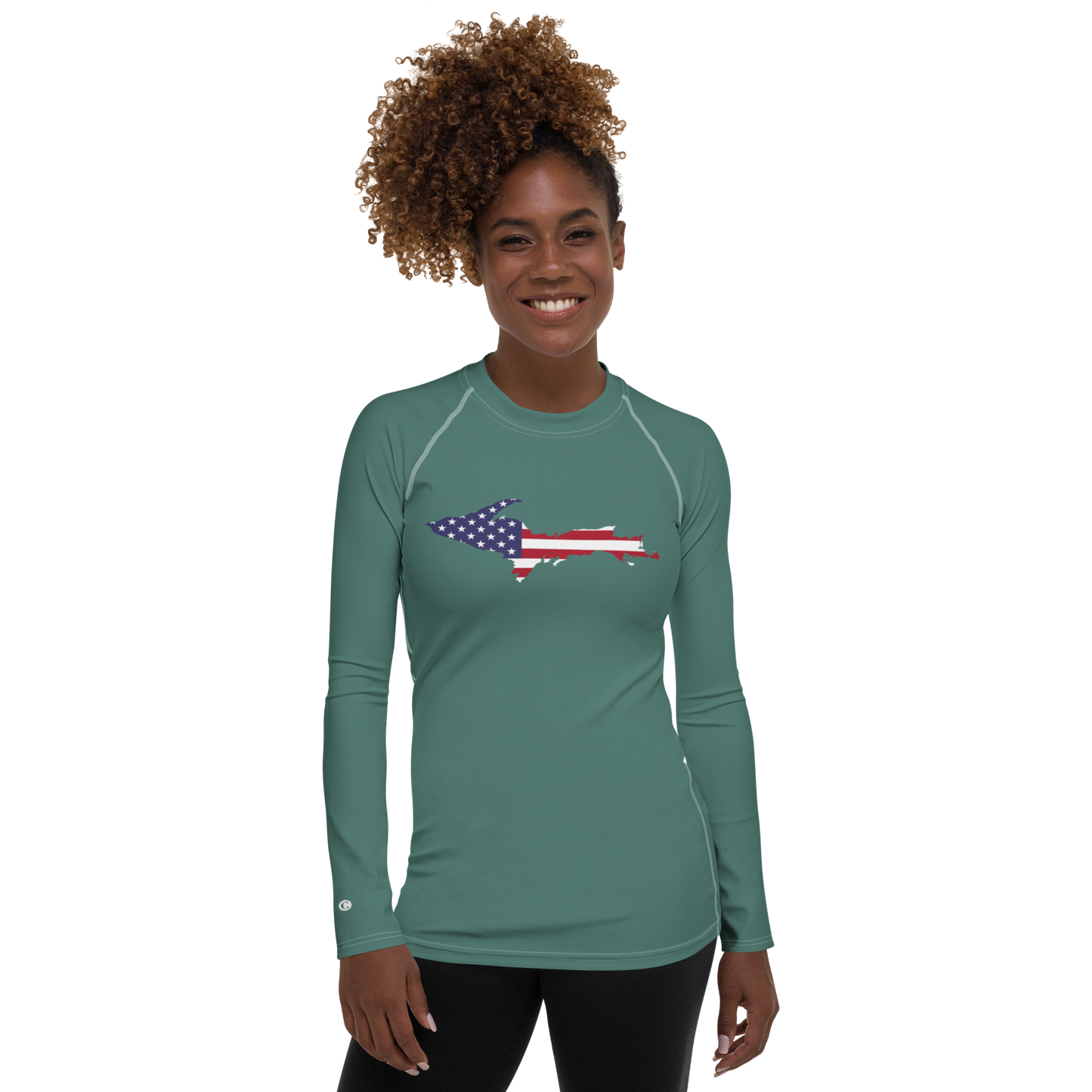 Michigan Upper Peninsula Rash Guard (w/ UP USA Flag) | Women's - Copper Green