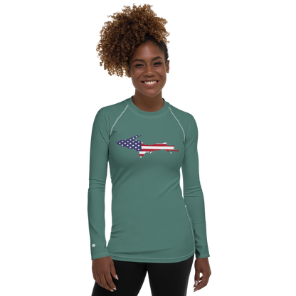 Michigan Upper Peninsula Rash Guard (w/ UP USA Flag) | Women's - Copper Green