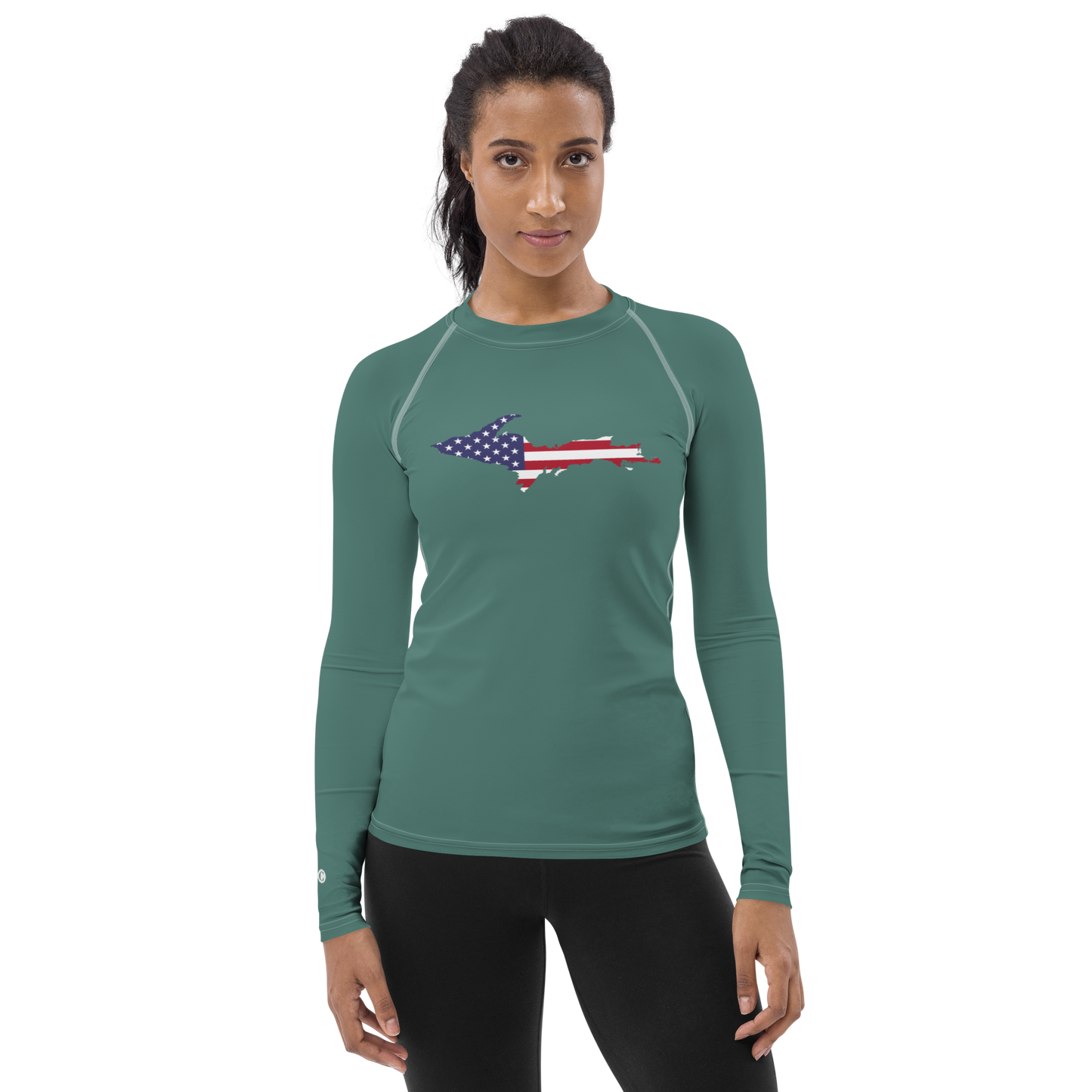 Michigan Upper Peninsula Rash Guard (w/ UP USA Flag) | Women's - Copper Green