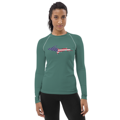 Michigan Upper Peninsula Rash Guard (w/ UP USA Flag) | Women's - Copper Green