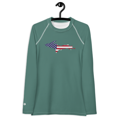 Michigan Upper Peninsula Rash Guard (w/ UP USA Flag) | Women's - Copper Green