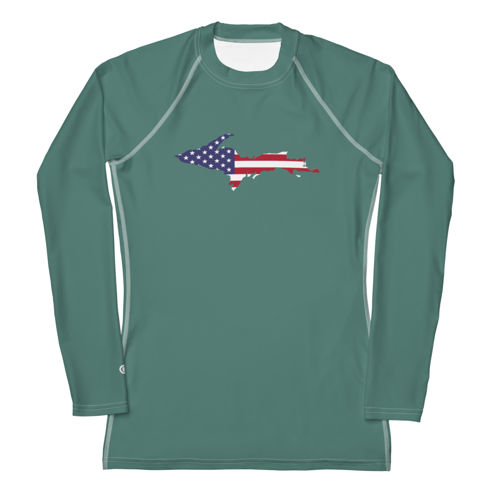 Michigan Upper Peninsula Rash Guard (w/ UP USA Flag) | Women's - Copper Green