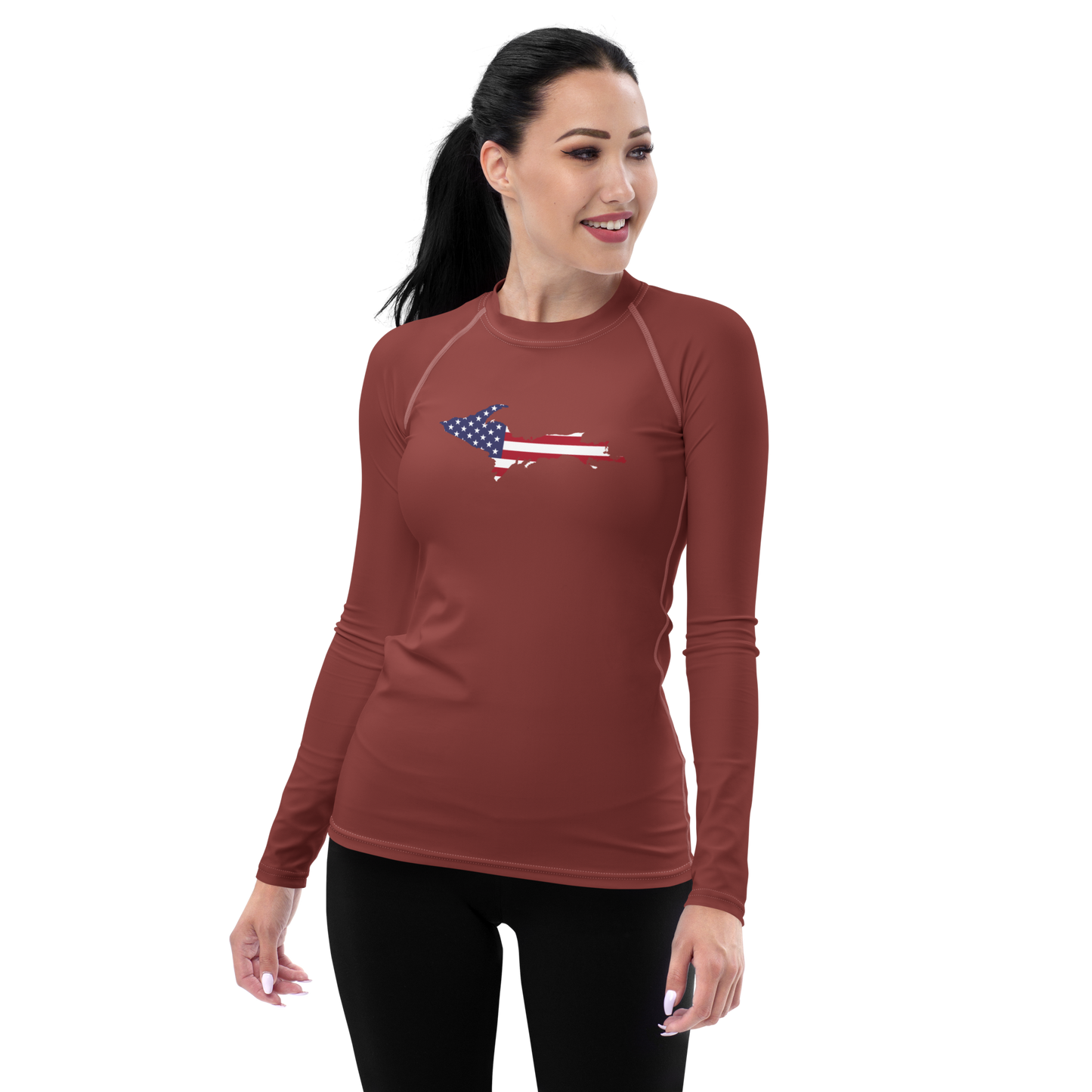 Michigan Upper Peninsula Rash Guard (w/ UP USA Flag) | Women's - Ore Dock Red