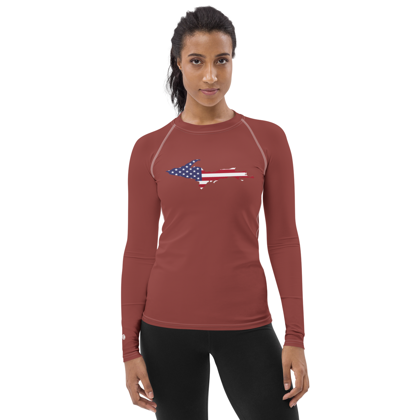 Michigan Upper Peninsula Rash Guard (w/ UP USA Flag) | Women's - Ore Dock Red