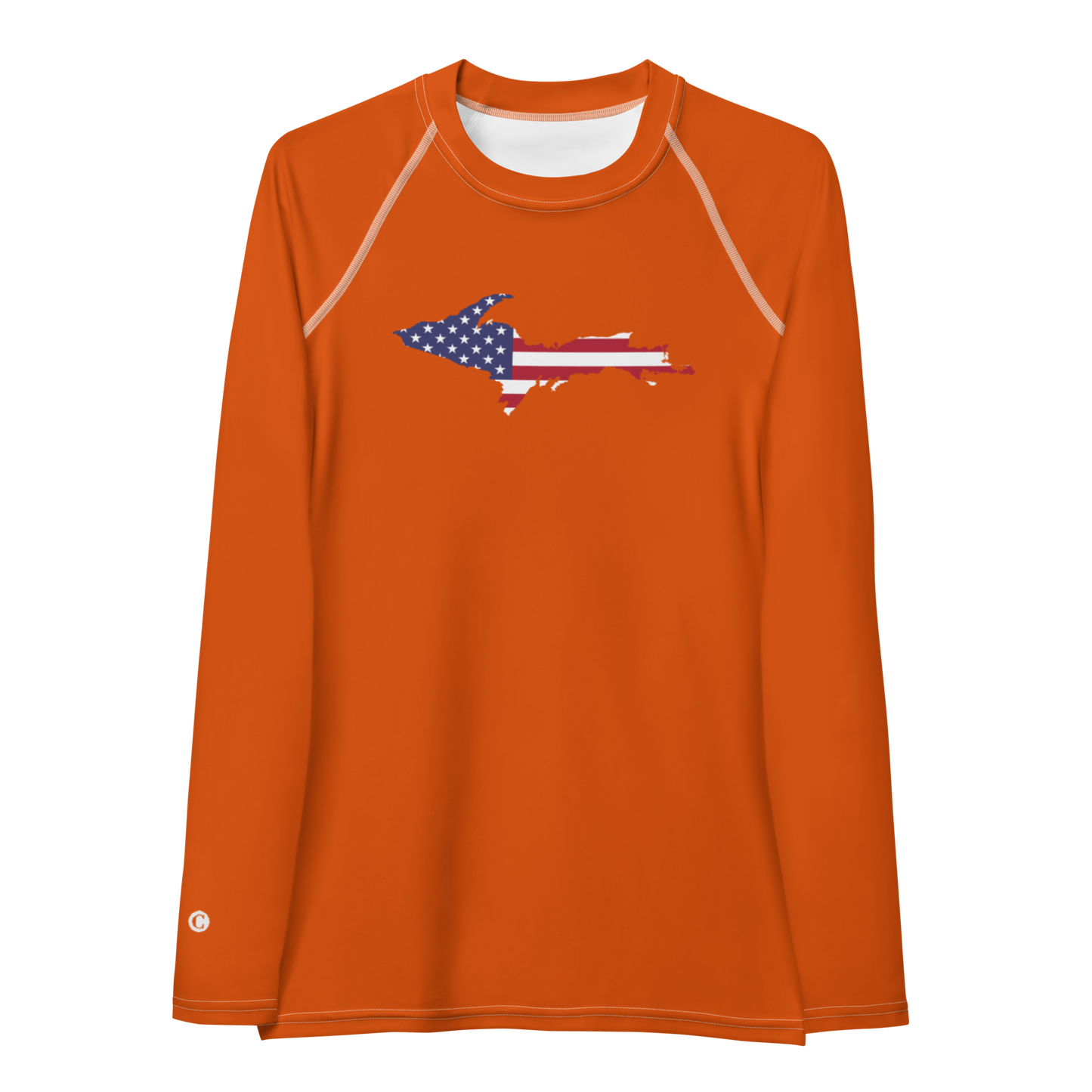 Michigan Upper Peninsula Rash Guard (w/ UP USA Flag) | Women's - Maple Leaf Orange