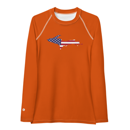 Michigan Upper Peninsula Rash Guard (w/ UP USA Flag) | Women's - Maple Leaf Orange