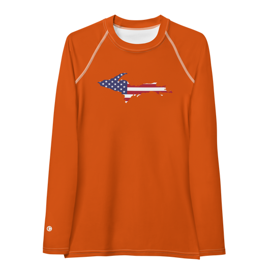 Michigan Upper Peninsula Rash Guard (w/ UP USA Flag) | Women's - Maple Leaf Orange