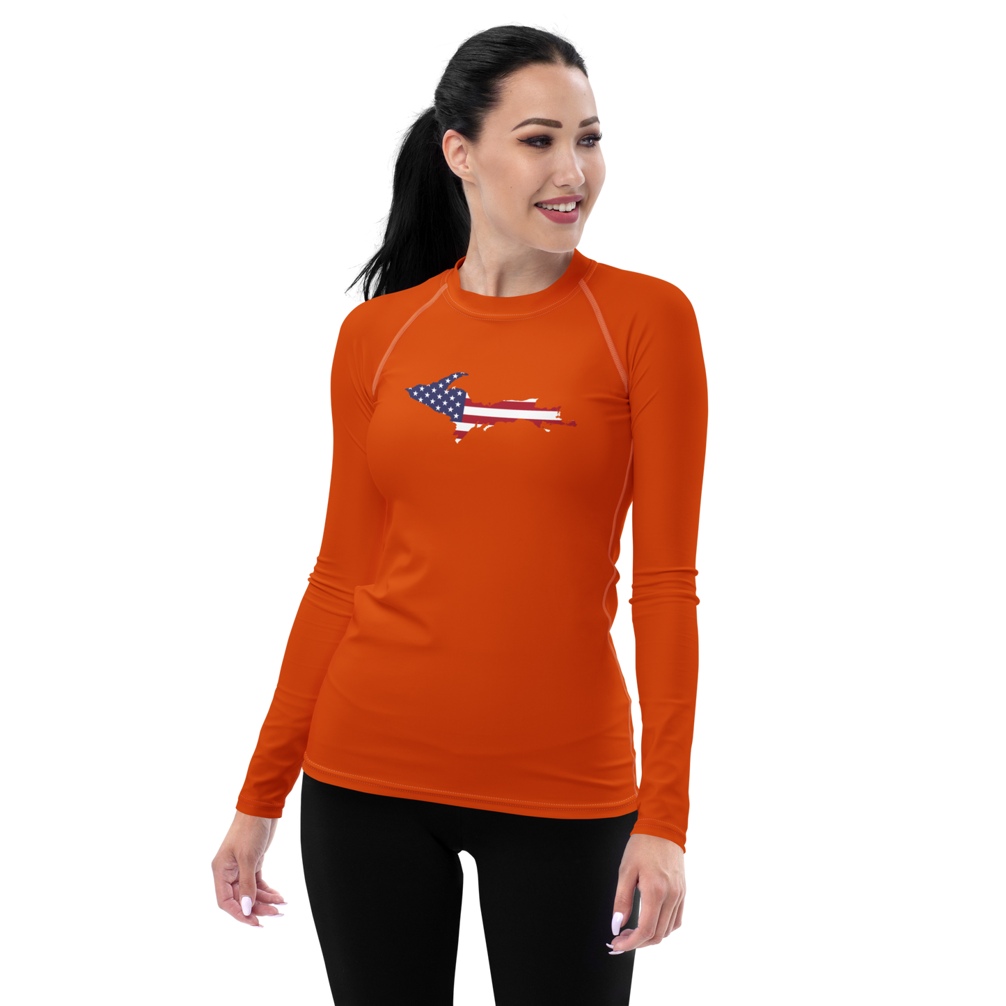 Michigan Upper Peninsula Rash Guard (w/ UP USA Flag) | Women's - Maple Leaf Orange