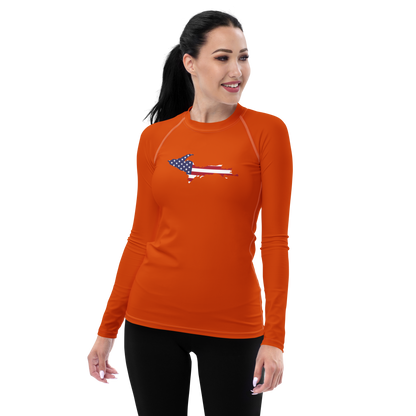 Michigan Upper Peninsula Rash Guard (w/ UP USA Flag) | Women's - Maple Leaf Orange