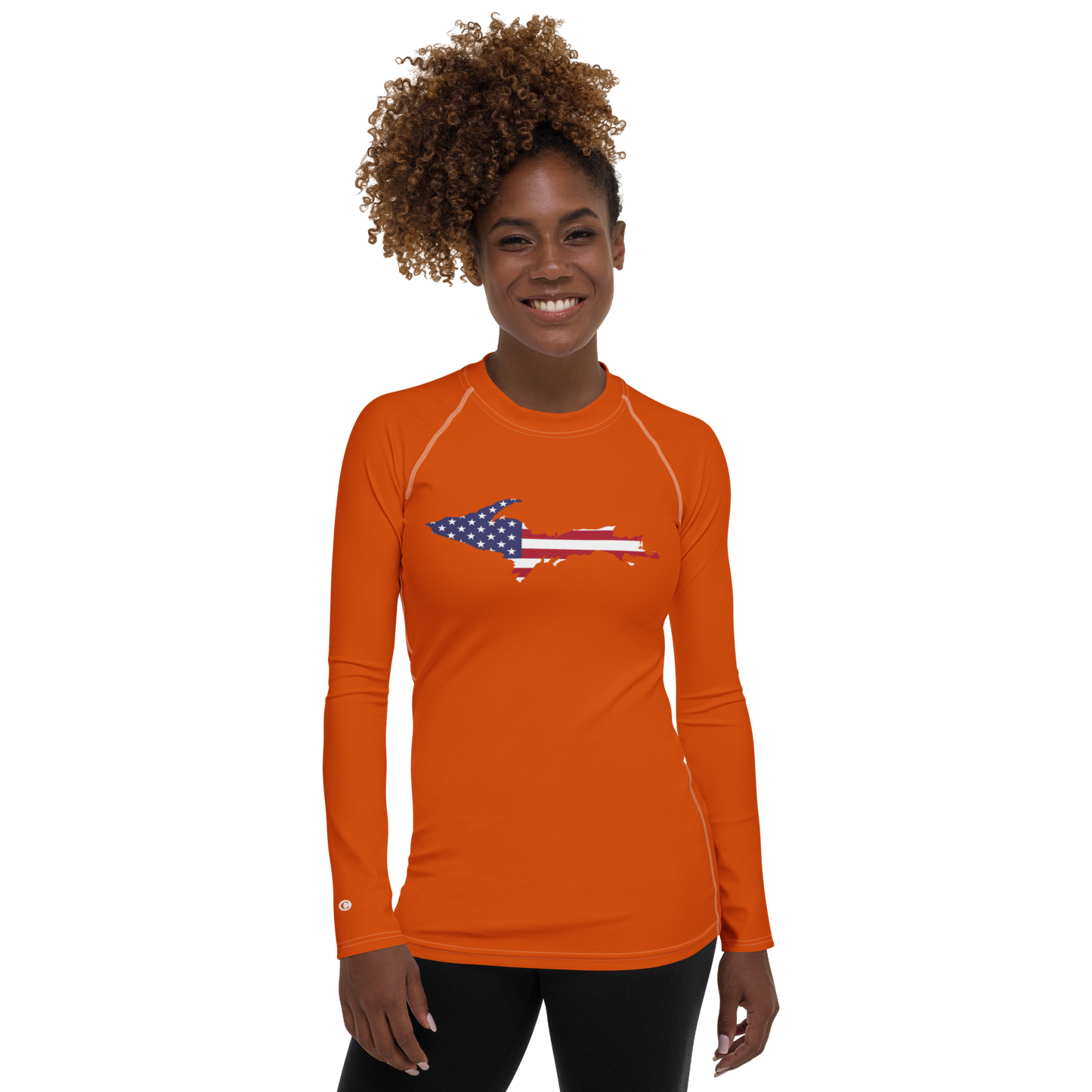 Michigan Upper Peninsula Rash Guard (w/ UP USA Flag) | Women's - Maple Leaf Orange