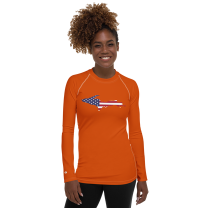 Michigan Upper Peninsula Rash Guard (w/ UP USA Flag) | Women's - Maple Leaf Orange