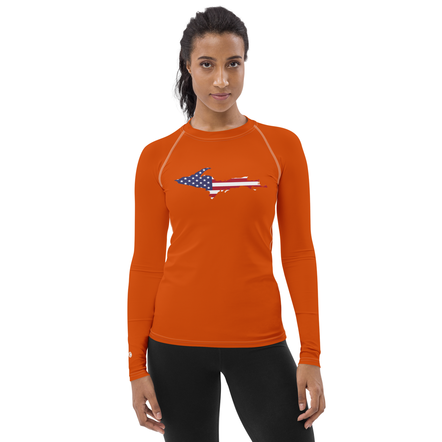 Michigan Upper Peninsula Rash Guard (w/ UP USA Flag) | Women's - Maple Leaf Orange