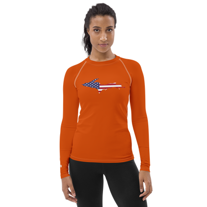 Michigan Upper Peninsula Rash Guard (w/ UP USA Flag) | Women's - Maple Leaf Orange