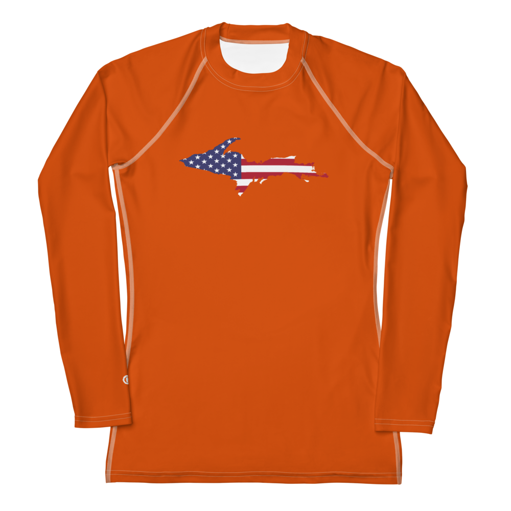 Michigan Upper Peninsula Rash Guard (w/ UP USA Flag) | Women's - Maple Leaf Orange