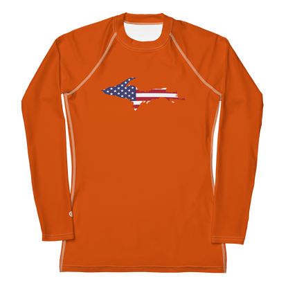 Michigan Upper Peninsula Rash Guard (w/ UP USA Flag) | Women's - Maple Leaf Orange