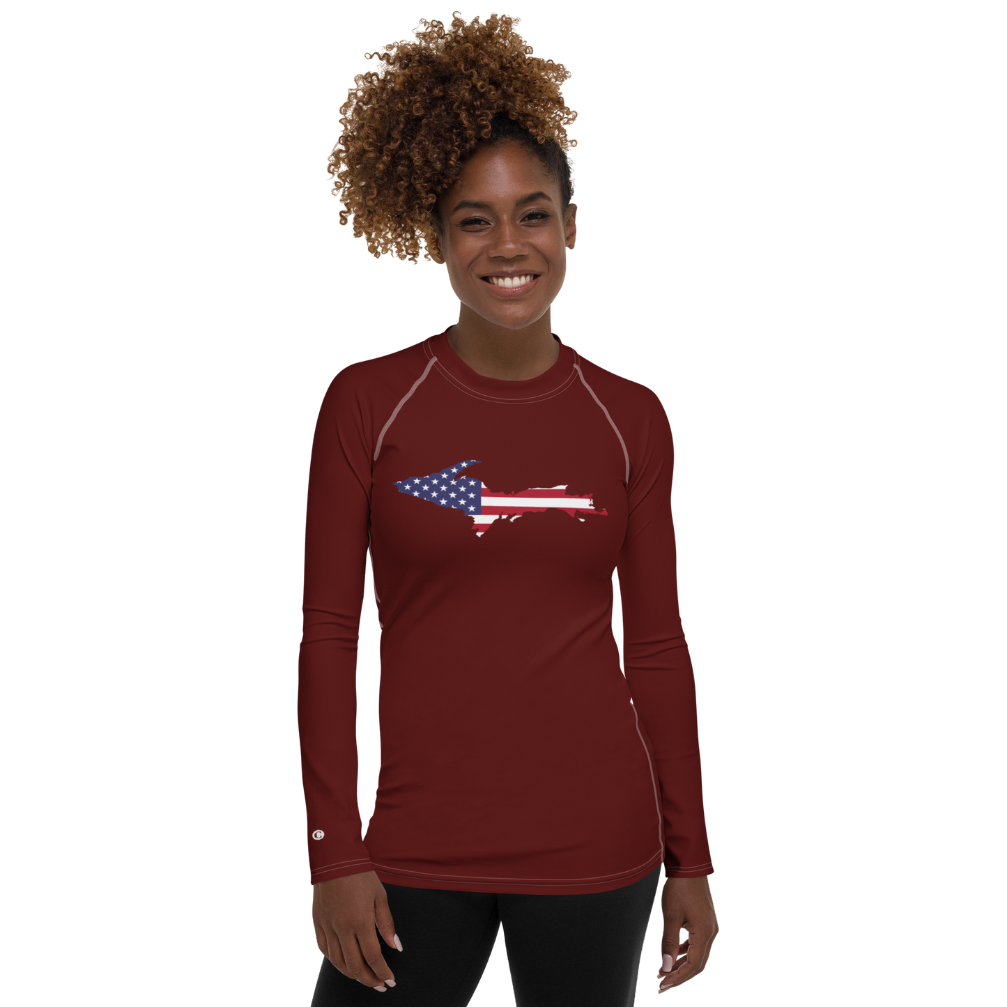 Michigan Upper Peninsula Rash Guard (w/ UP USA Flag) | Women's - Cherrywood Color