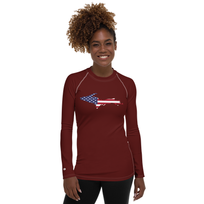 Michigan Upper Peninsula Rash Guard (w/ UP USA Flag) | Women's - Cherrywood Color