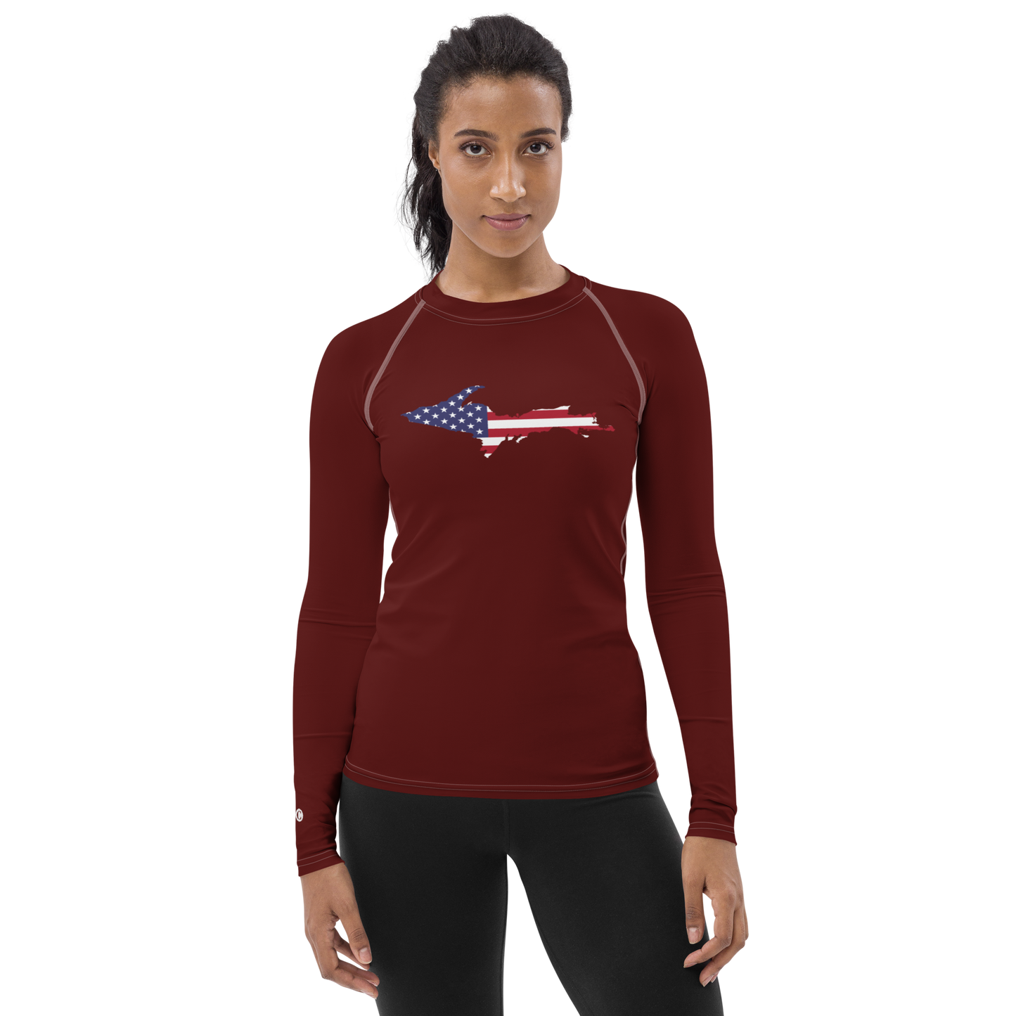 Michigan Upper Peninsula Rash Guard (w/ UP USA Flag) | Women's - Cherrywood Color