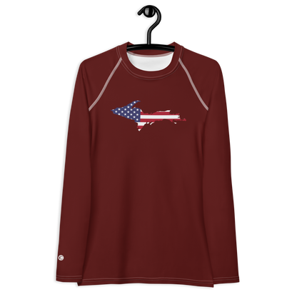 Michigan Upper Peninsula Rash Guard (w/ UP USA Flag) | Women's - Cherrywood Color