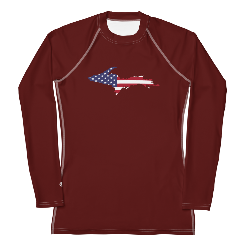 Michigan Upper Peninsula Rash Guard (w/ UP USA Flag) | Women's - Cherrywood Color